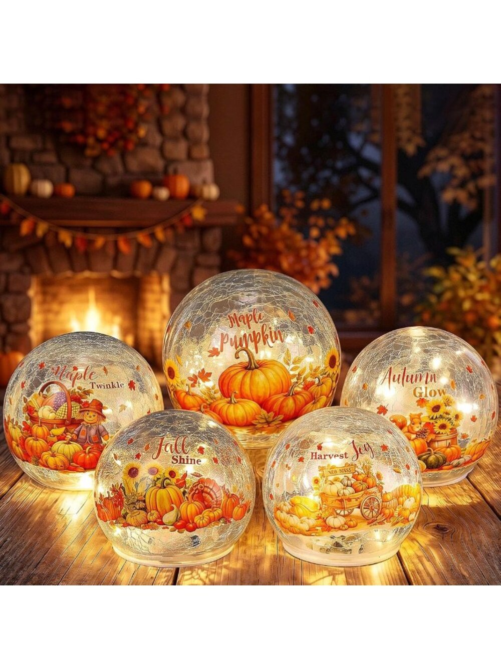 5 Pcs Lighted Crackle Glass Pumpkin Globes - Fall Tabletop Decor for